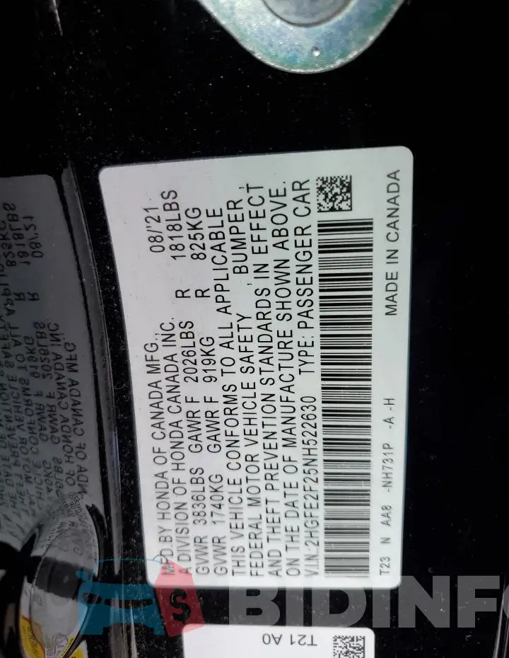 2HGFE2F25NH522630 Photo# 12