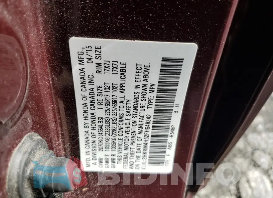 2HKRM4H52FH648342 Photo# 13