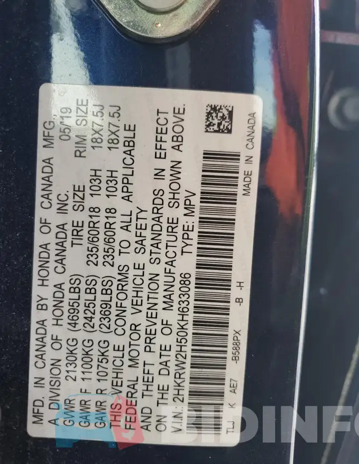 2HKRW2H50KH633086 Photo# 12