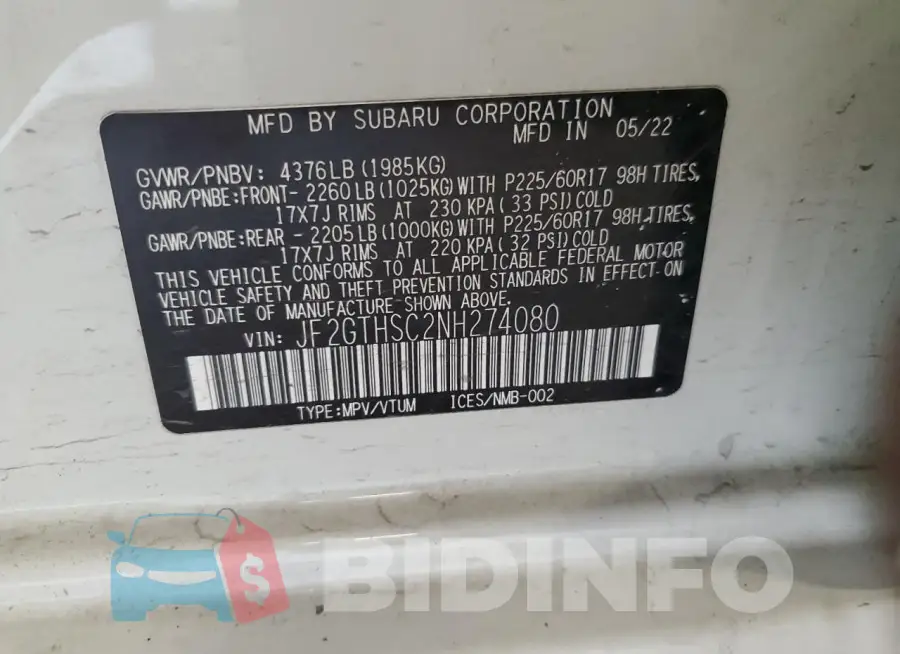 JF2GTHSC2NH274080 Photo# 14