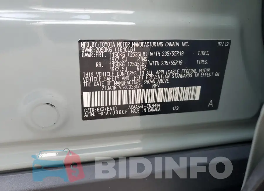 2T3A1RFV5KC036064 Photo# 13