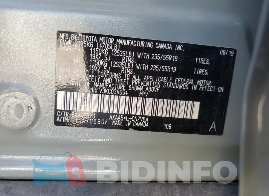 2T3J1RFV3KC038654 Photo# 12
