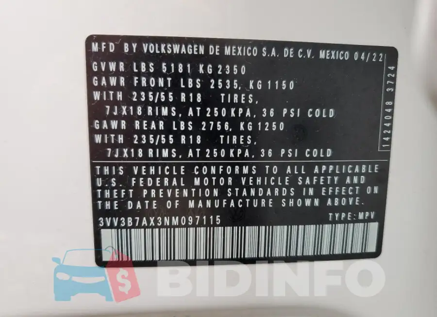3VV3B7AX3NM097115 Photo# 13