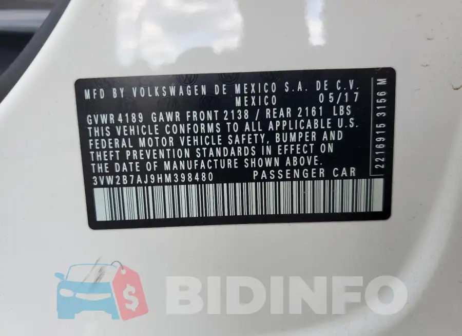 3VW2B7AJ9HM398480 Photo# 12