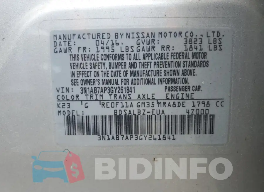 3N1AB7AP3GY261841 Photo# 12
