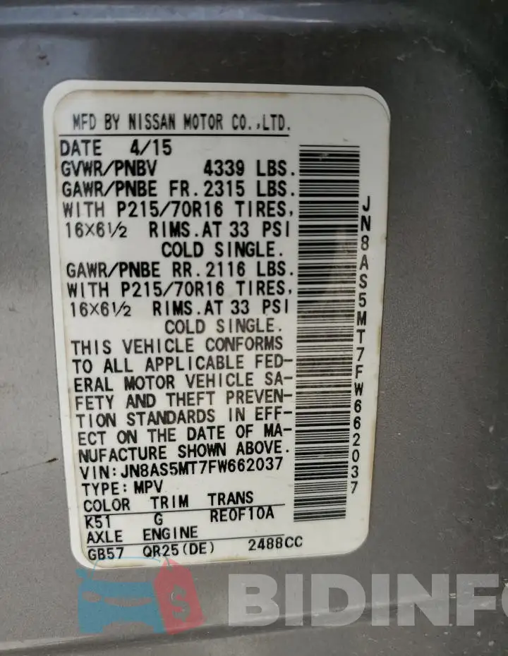 JN8AS5MT7FW662037 Photo# 13