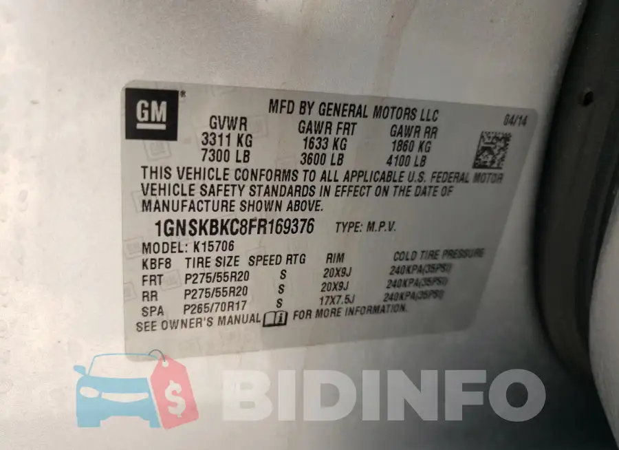 1GNSKBKC8FR169376 Photo# 13