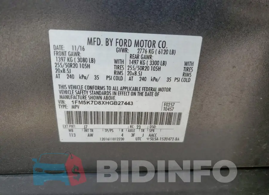 1FM5K7D8XHGB27443 Photo# 14
