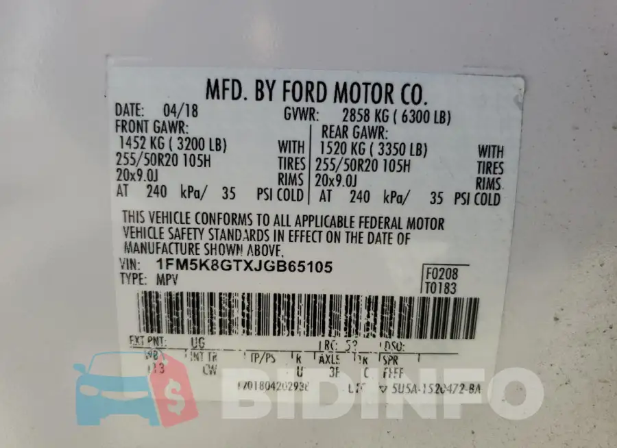 1FM5K8GTXJGB65105 Photo# 13