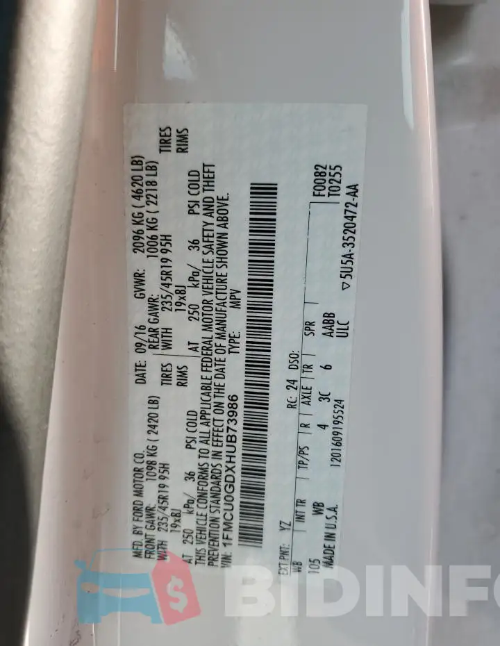 1FMCU0GDXHUB73986 Photo# 14