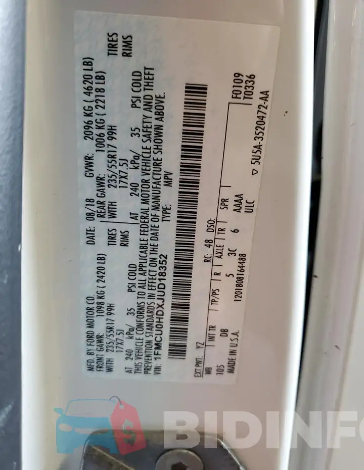 1FMCU0HDXJUD18352 Photo# 13