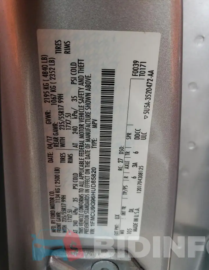 1FMCU9G96HUD85820 Photo# 13