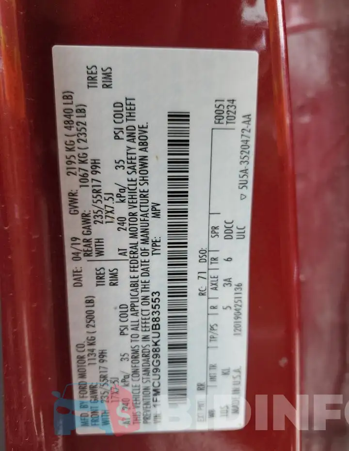 1FMCU9G98KUB83553 Photo# 13