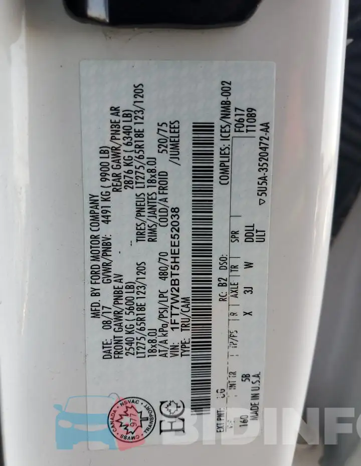 1FT7W2BT5HEE52038 Photo# 12