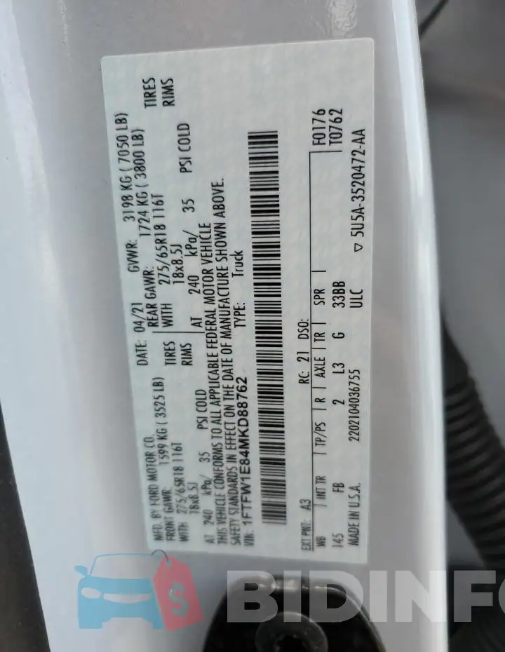 1FTFW1E84MKD88762 Photo# 13
