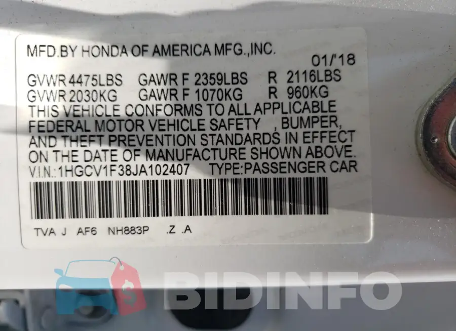 1HGCV1F38JA102407 Photo# 13