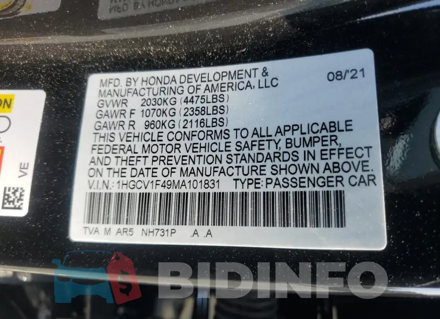 1HGCV1F49MA101831 Photo# 12