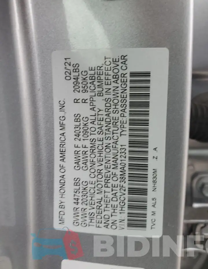 1HGCV2F38MA012331 Photo# 12