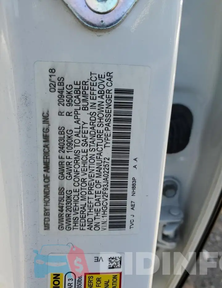 1HGCV2F93JA022572 Photo# 12