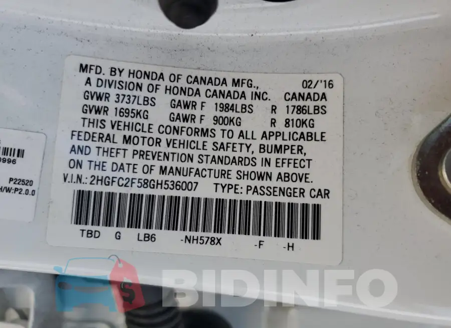 2HGFC2F58GH536007 Photo# 12