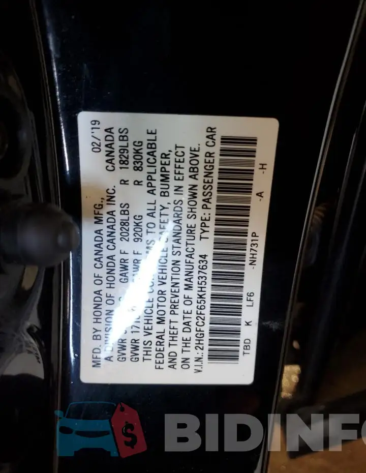 2HGFC2F65KH537634 Photo# 12