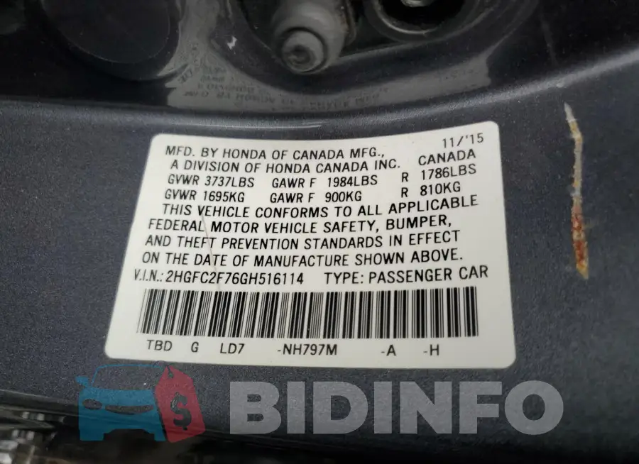 2HGFC2F76GH516114 Photo# 12