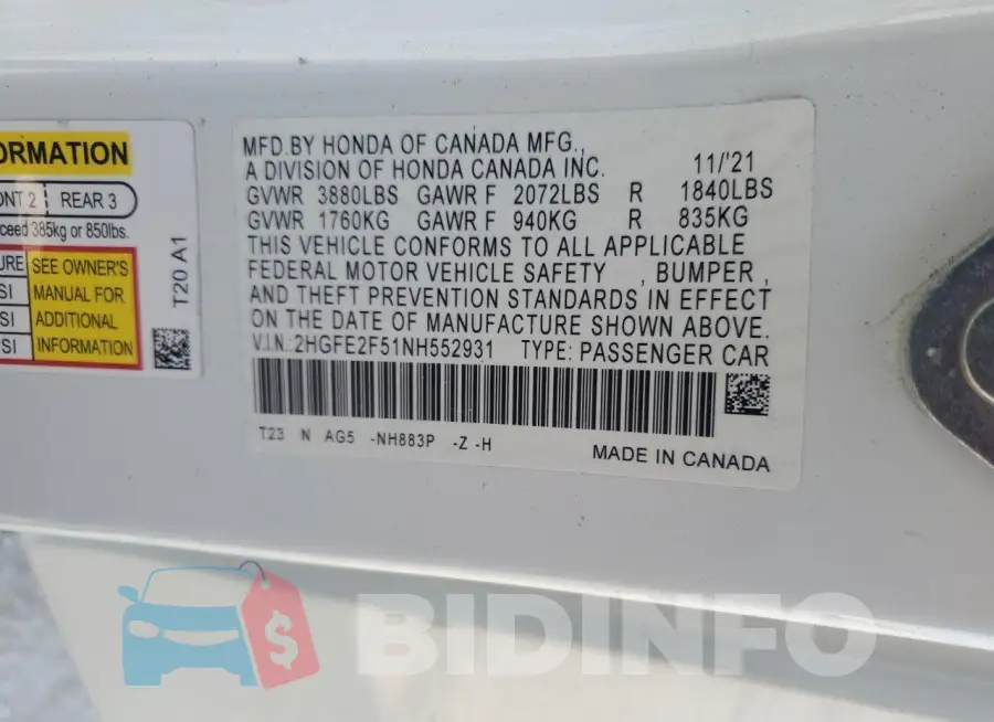2HGFE2F51NH552931 Photo# 12