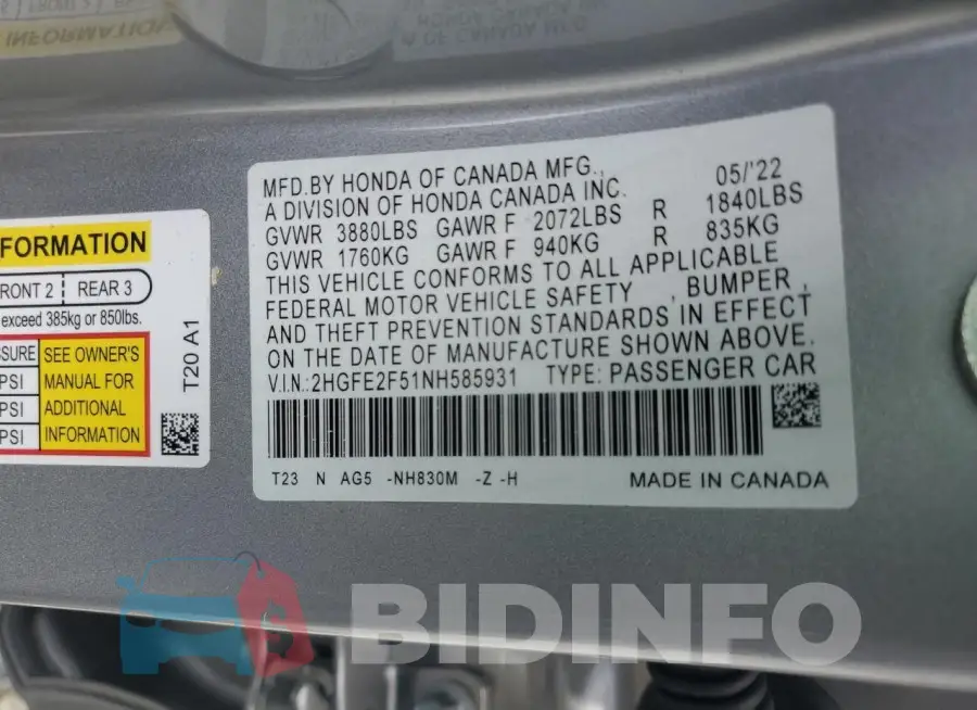 2HGFE2F51NH585931 Photo# 12