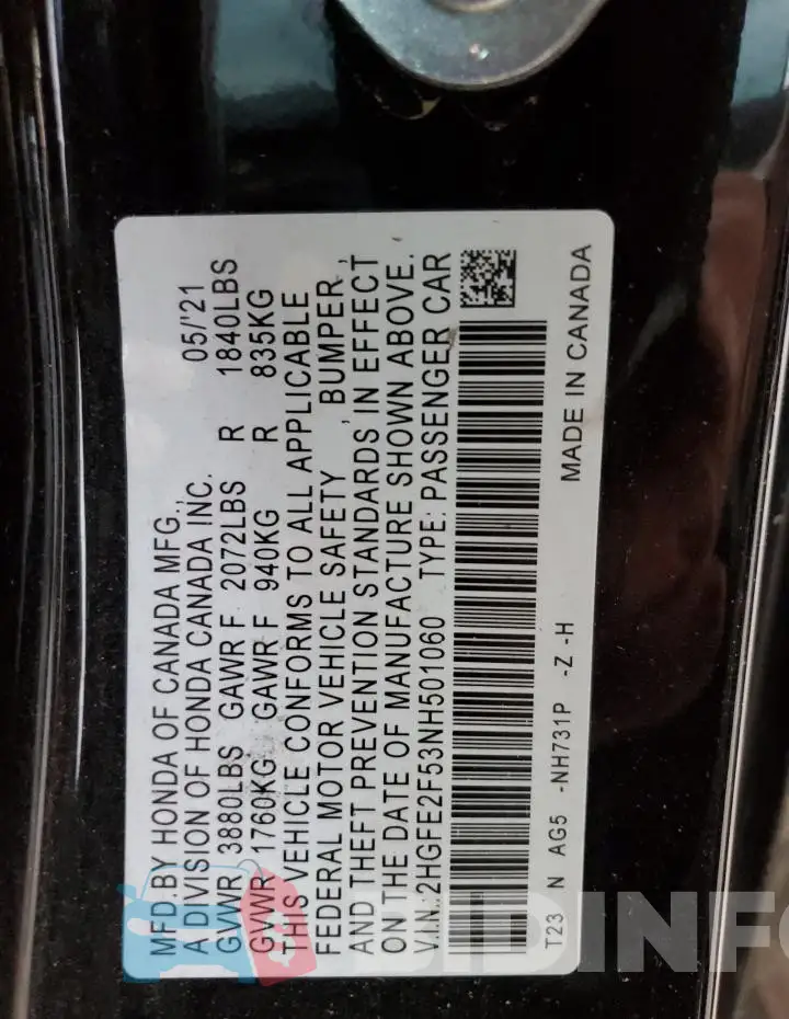 2HGFE2F53NH501060 Photo# 12