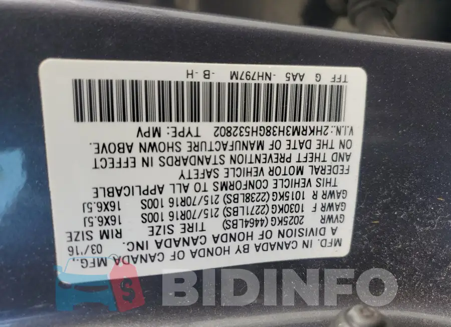 2HKRM3H38GH532802 Photo# 13