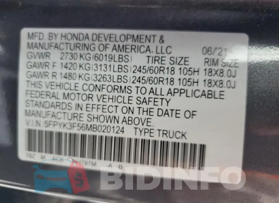 5FPYK3F56MB020124 Photo# 13