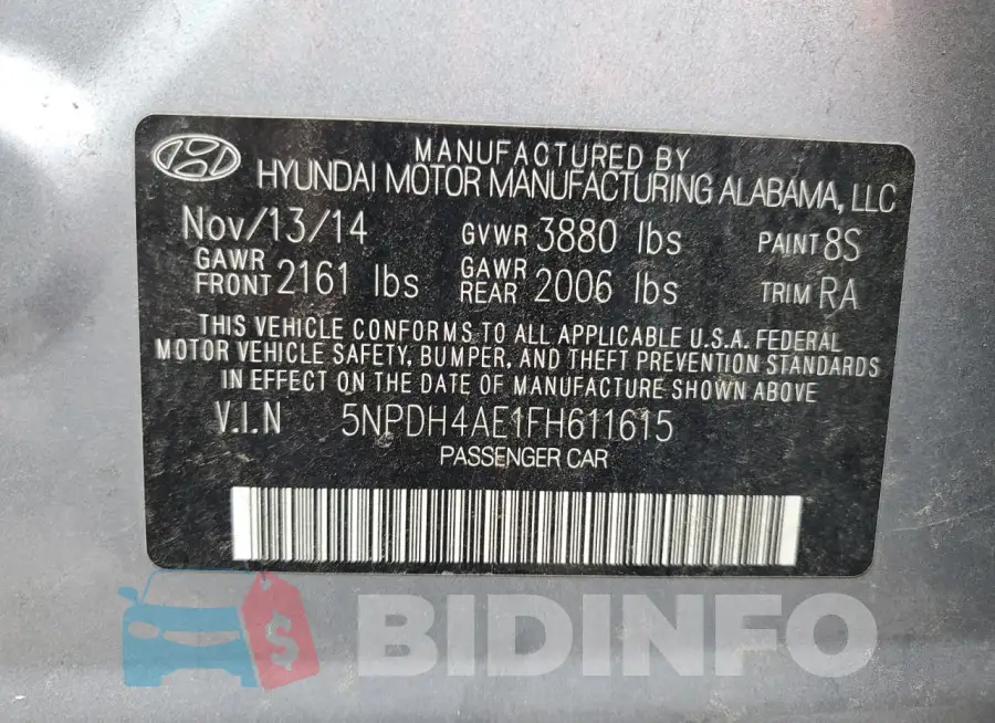 5NPDH4AE1FH611615 Photo# 13