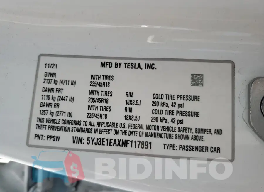 5YJ3E1EAXNF117891 Photo# 12