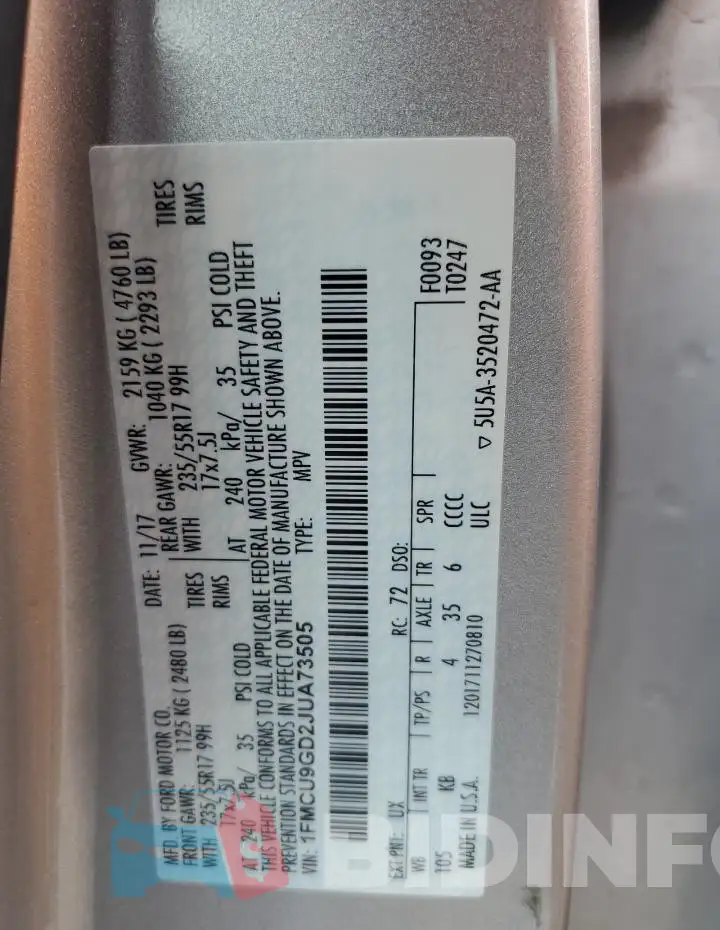 1FMCU9GD2JUA73505 Photo# 13