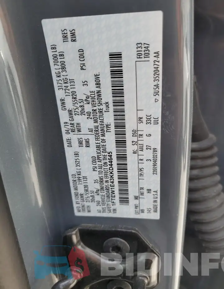 1FTEW1E43KKD44645 Photo# 12