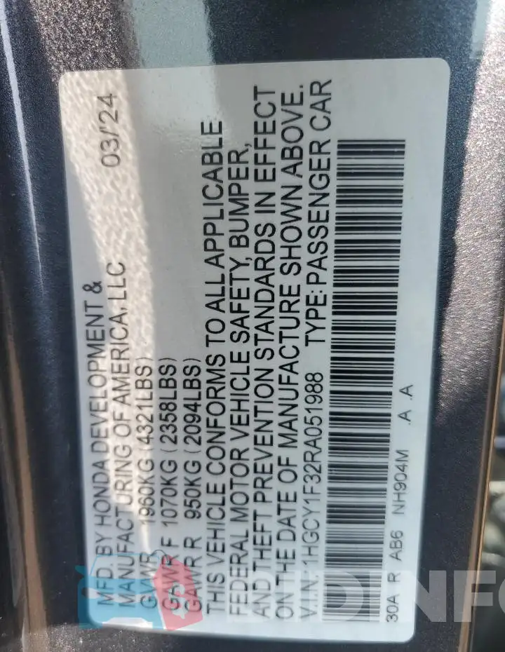 1HGCY1F32RA051988 Photo# 12