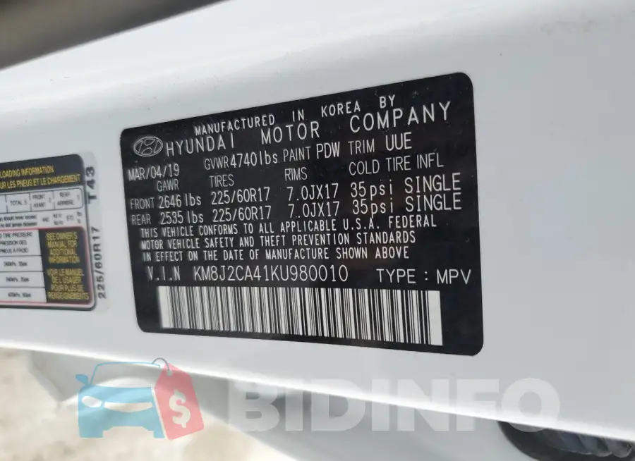KM8J2CA41KU980010 Photo# 13