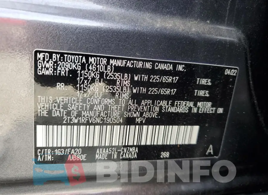 2T3W1RFV6NC190504 Photo# 13