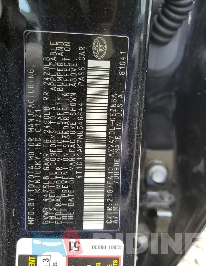 4T1C11AK7MU546644 Photo# 12