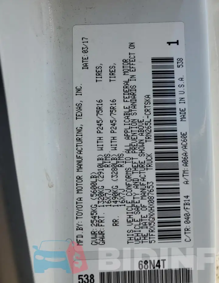 5TFRX5GNXHX087653 Photo# 12