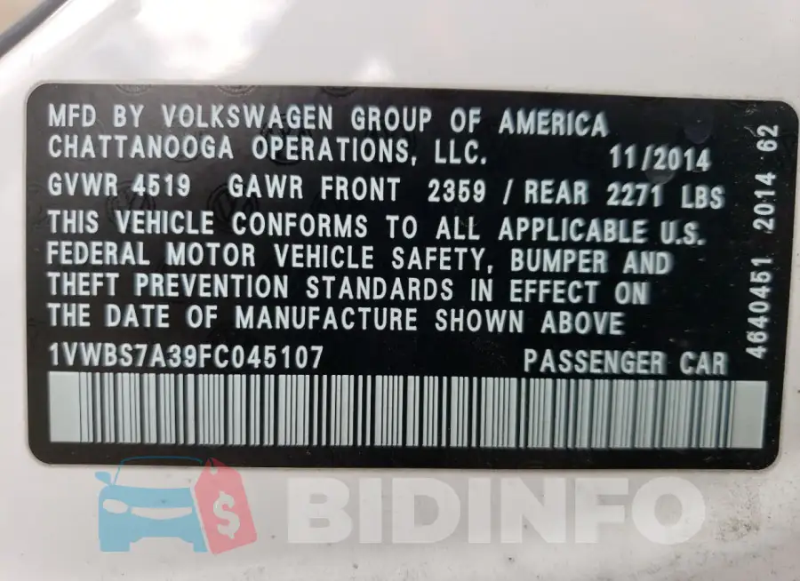 1VWBS7A39FC045107 Photo# 12