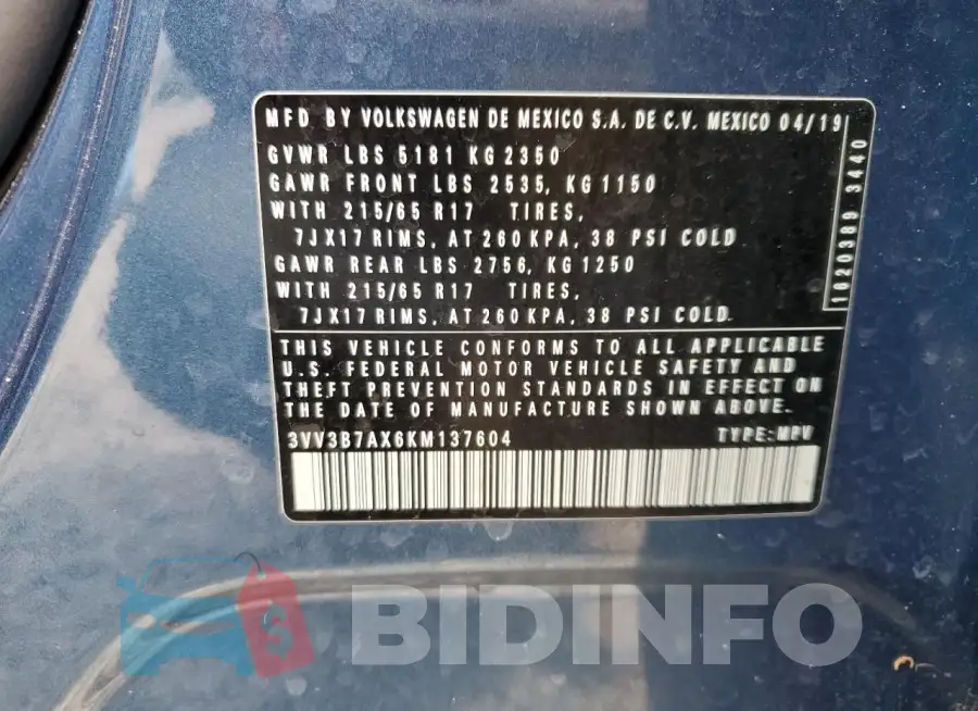 3VV3B7AX6KM137604 Photo# 14