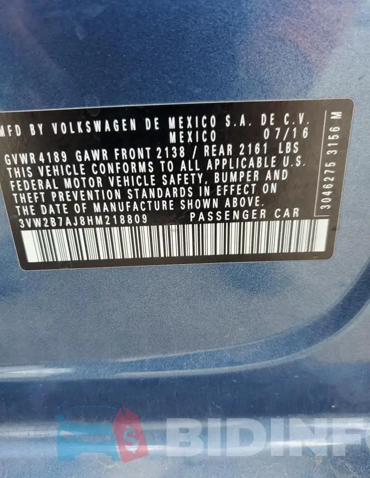 3VW2B7AJ8HM218809 Photo# 12