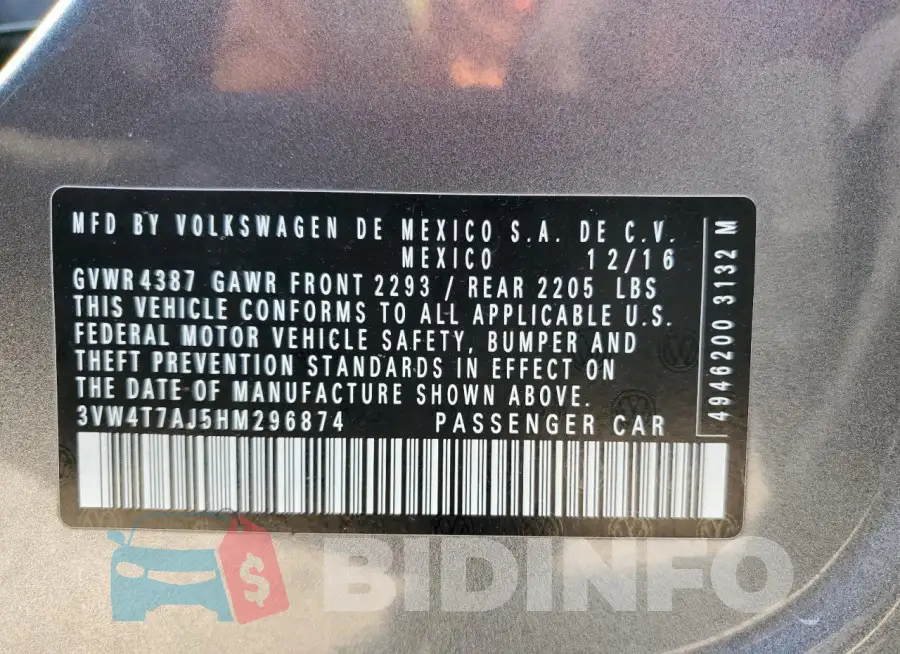 3VW4T7AJ5HM296874 Photo# 13