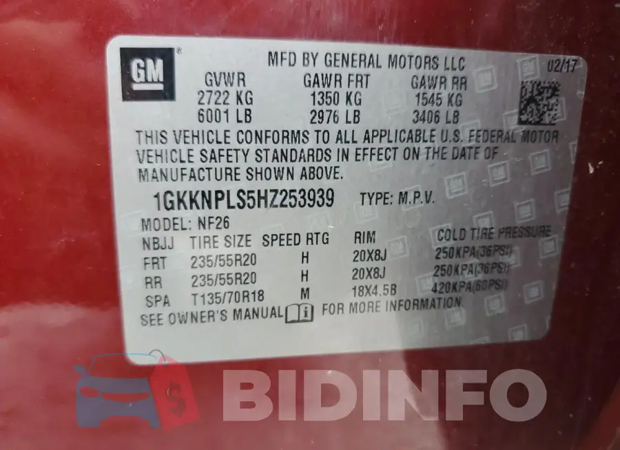 1GKKNPLS5HZ253939 Photo# 14