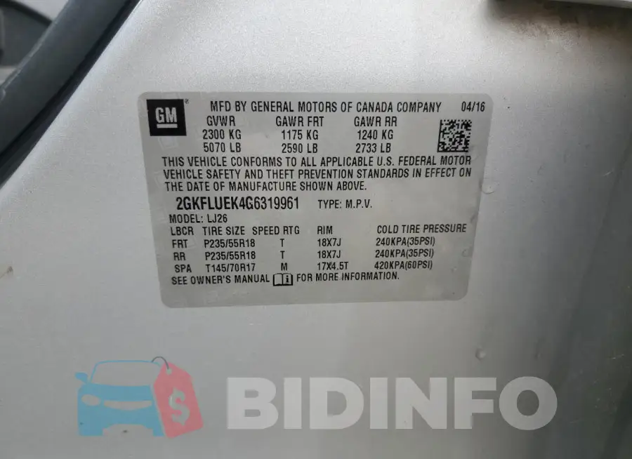 2GKFLUEK4G6319961 Photo# 13