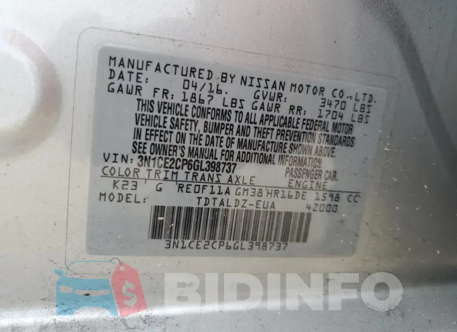 3N1CE2CP6GL398737 Photo# 13