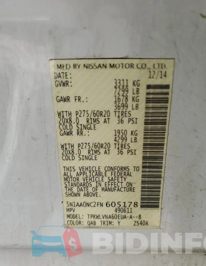 5N1AA0NC2FN605178 Photo# 13