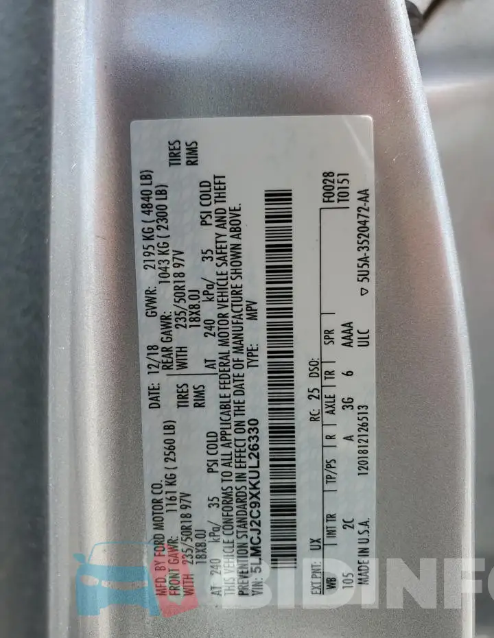 5LMCJ2C9XKUL26330 Photo# 12