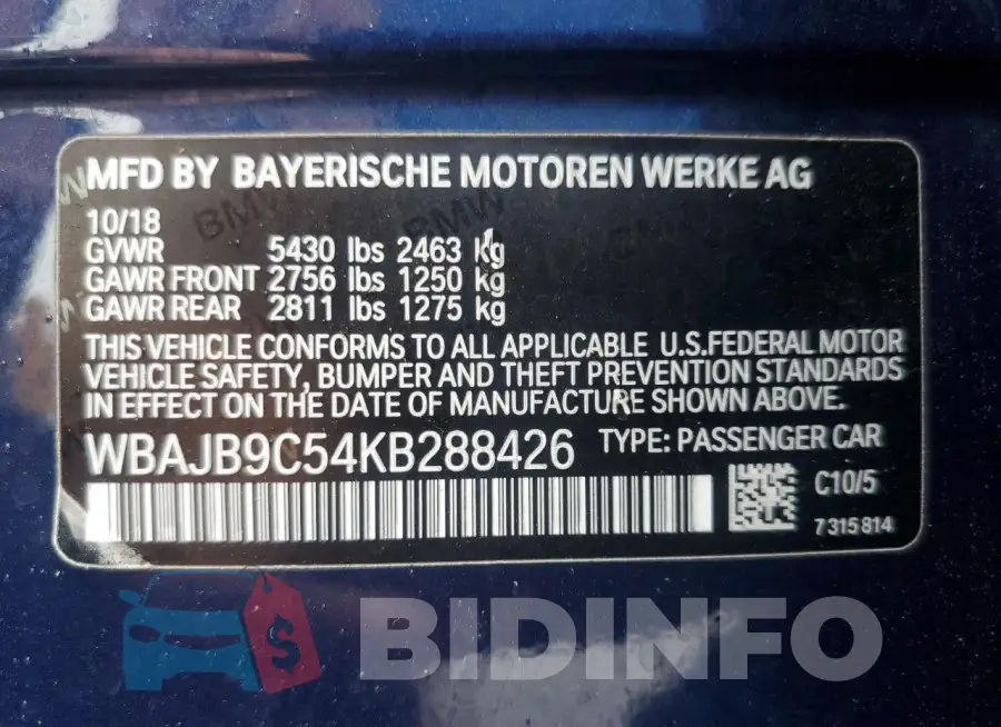 WBAJB9C54KB288426 Photo# 12